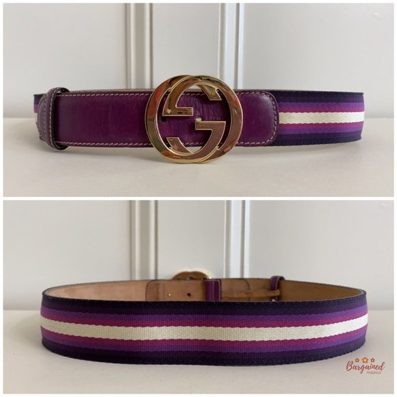 Authentic Gucci Web Canvas Leather Gold Interlocking G Buckle Belt 85/34 114876 - Picture 5 of 13